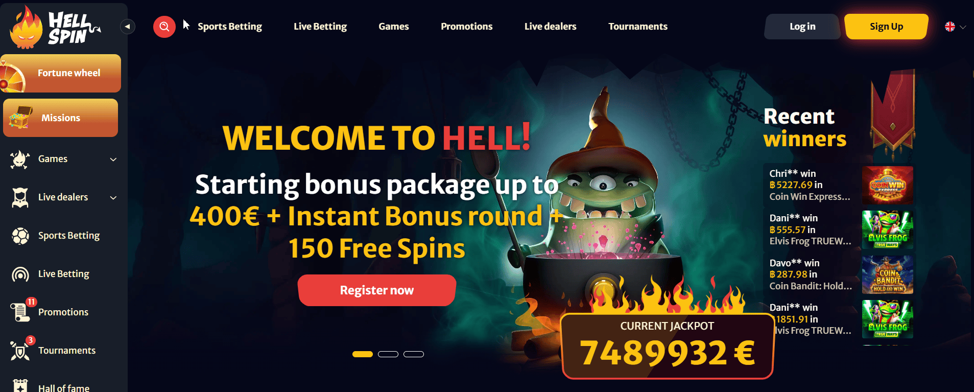 หน้าหลักของ Hell Spin Casino แสดงโบนัสต้อนรับสูงสุด €400 + 150 Free Spins และแจ็คพอตปัจจุบัน €7,489,932